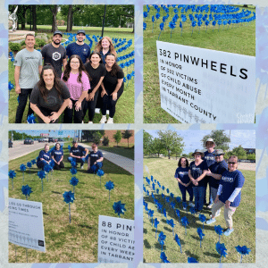 Compilation of Child Abuse Prevention Month Blue Pinwheel Display with volunteers